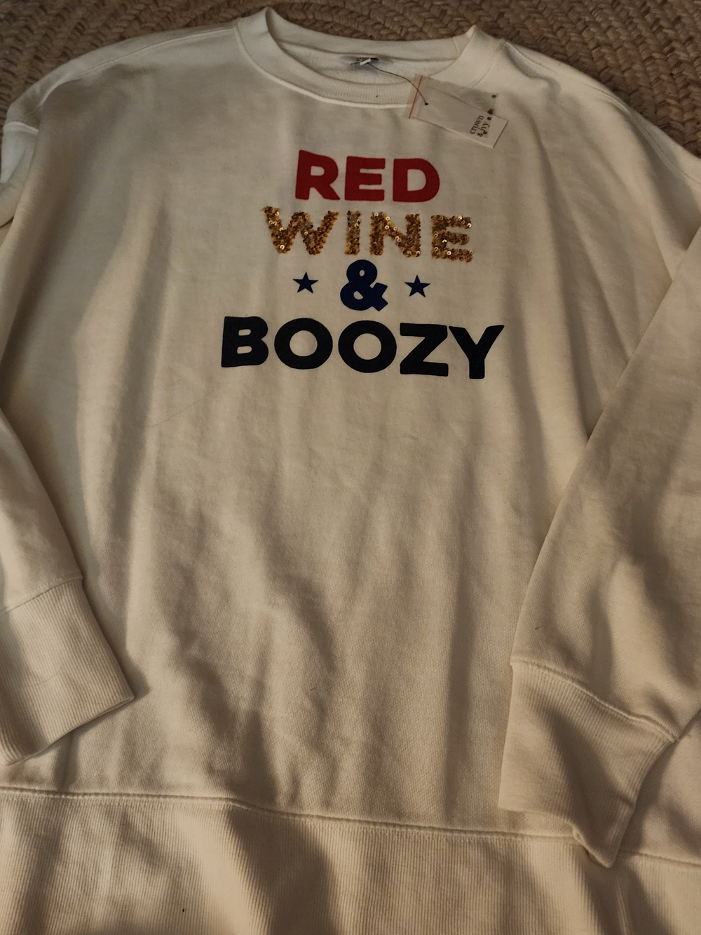 crown & ivy White Red Wine & Boozy Graphic Crewneck Sweatshirt Baggy 4th Of July